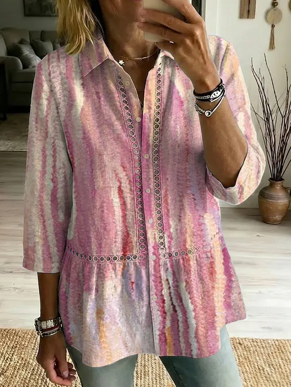 Casual Cotton-linen Shirt With Abstract Art Pattern, Patchwork, Cutouts, And Webbing Trim