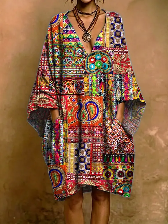Colorful Totem-inspired Mixed-style Decorative Patterns V Collar Cotton Linen Dress