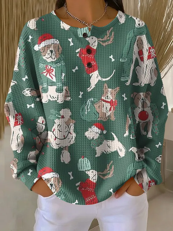 Women's Christmas Cute Animal Cat Pattern Art Print Casual Cotton Shirt