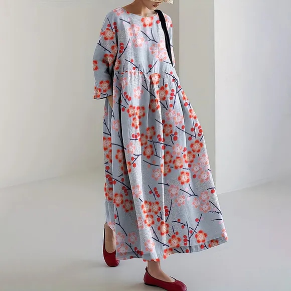 Cherry Blossom Print Round Neck Long Sleeve Casual Midi Dress