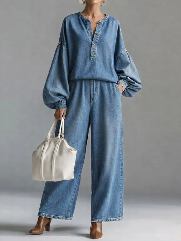 Women's V-neck Long-sleeved Casual Loose Denim Top And High-waisted Loose Wide-leg Denim Pants Set.