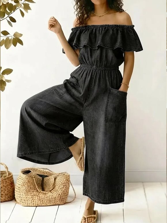 Women's Casual Off-the-shoulder Ruffled Denim Cotton Jumpsuit