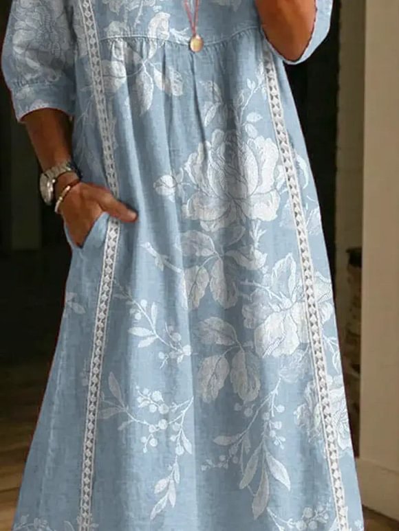Women's Retro Floral Art Print Casual Stylish Cotton Linen Dress
