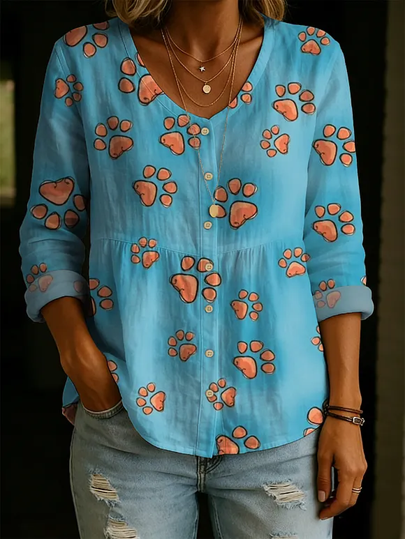 Women's Fun And Cute Dog Paw Print Decorative Patterns Linen And Cotton Shirt