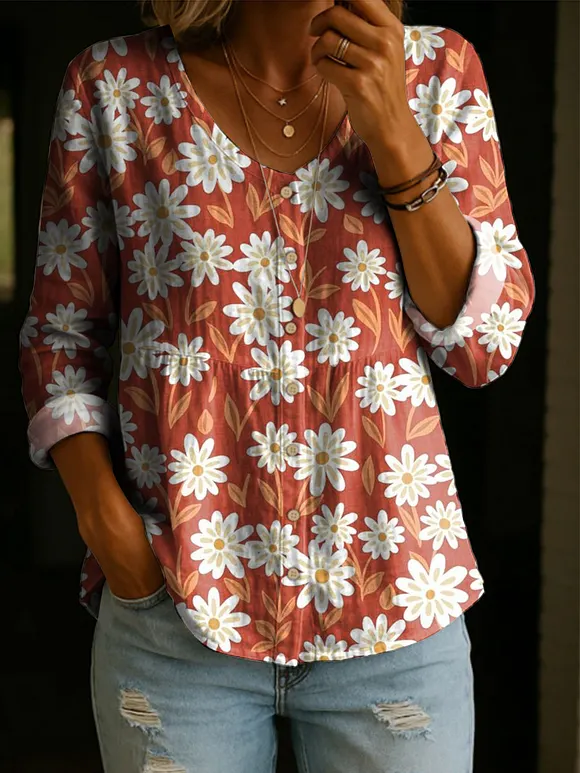 Women's Floral Pattern Art Print Casual Cotton Shirt