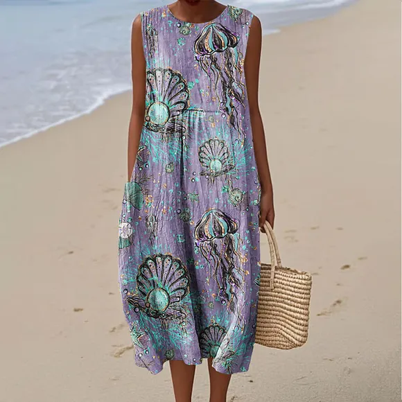 Women's Vintage Abstract Sea Creatures Art Print Sleeveless Cotton Pocket Wrap Dress