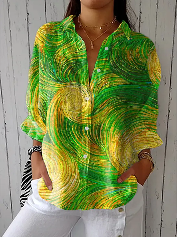 Women's Green Swirl Art Print Casual Linen V-neck Shirt