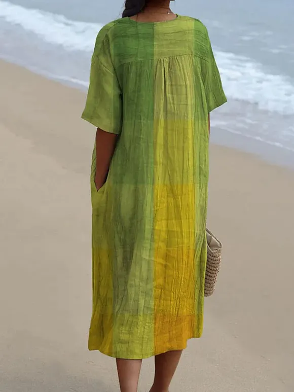Women's V Neck Vintage Yellow-green Art Mosaic Gradient Art Linen Loose Dress