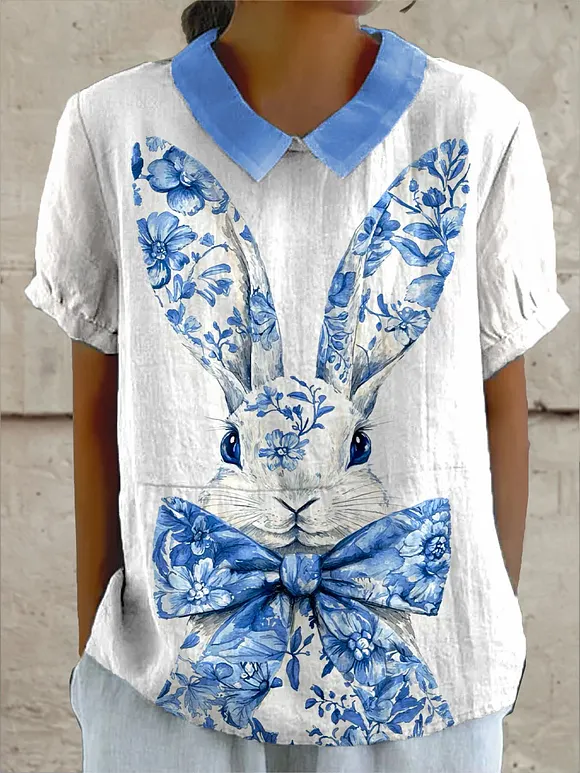 Women's Easter Bunny Colorful Art Print Casual Cotton And Linen Shirt