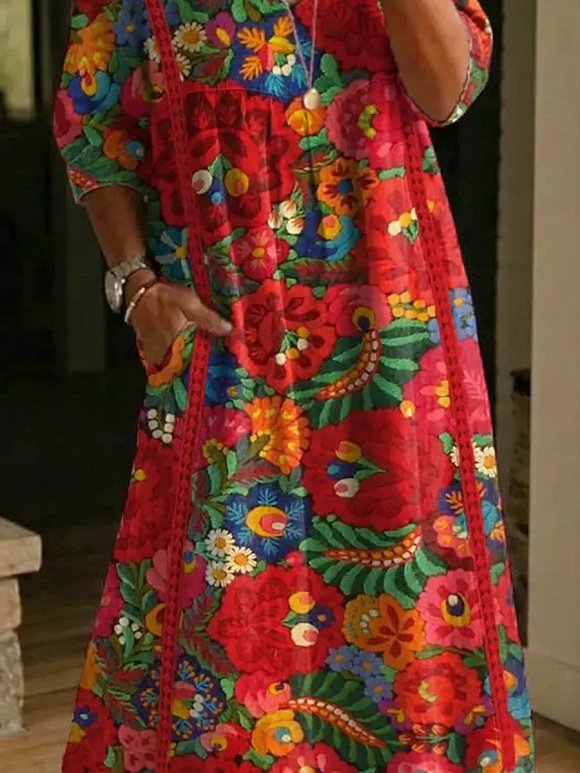 Women's Retro Floral Art Print Casual Stylish Cotton Linen Dress