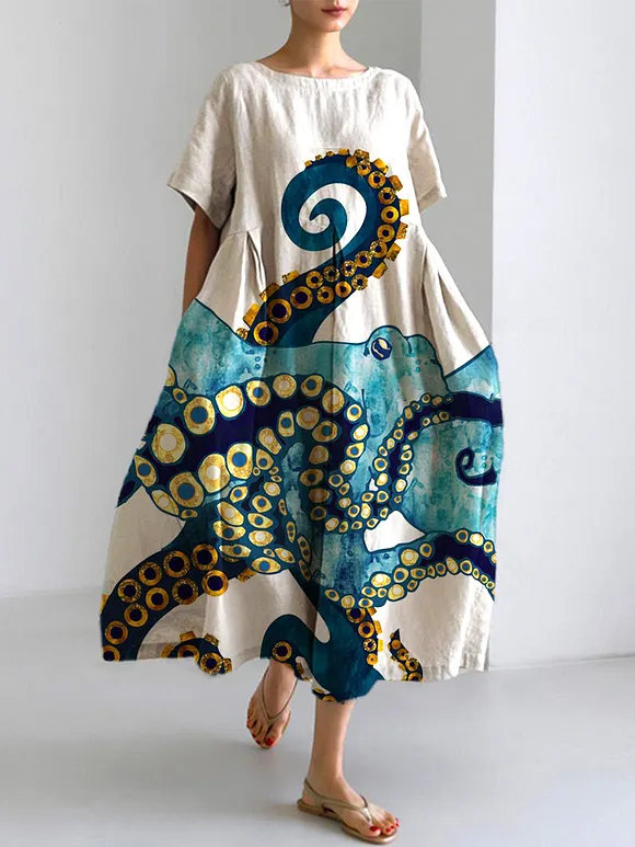 Ocean Octopus Japanese Art Linen Blend Casual Dress