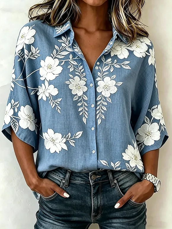 Women's Floral Patterns Print Casual Cotton Shirt