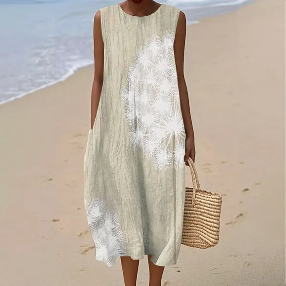 Women's Vintage Dandelion Art Print Sleeveless Cotton Pocket Wrap Dress