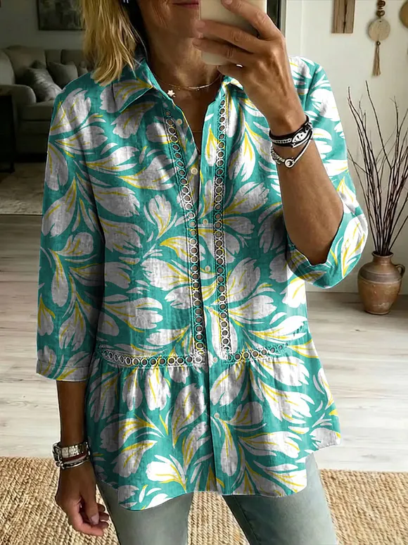 Floral Flowers Art Patterns Casual Patchwork Openwork Webbing Linen And Cotton Shirt