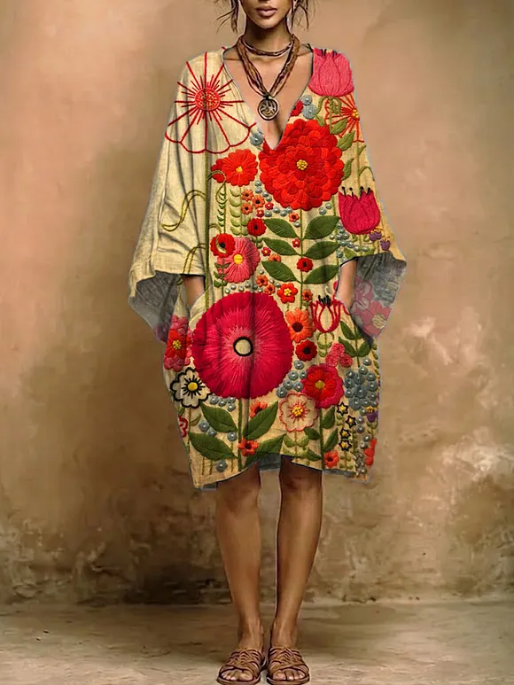 Women's Floral Print Casual Cotton-linen Dress