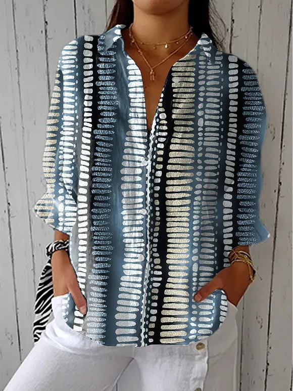 Women's Vintage Line Art Print Casual Linen V-neck Shirt