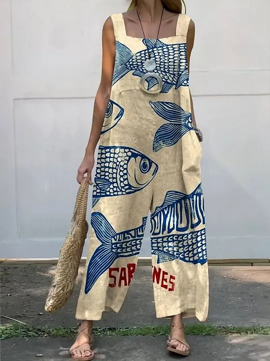 Women's Vintage Fish Sardines Art Print Casual 100% Cotton Wide Leg Jumpsuit