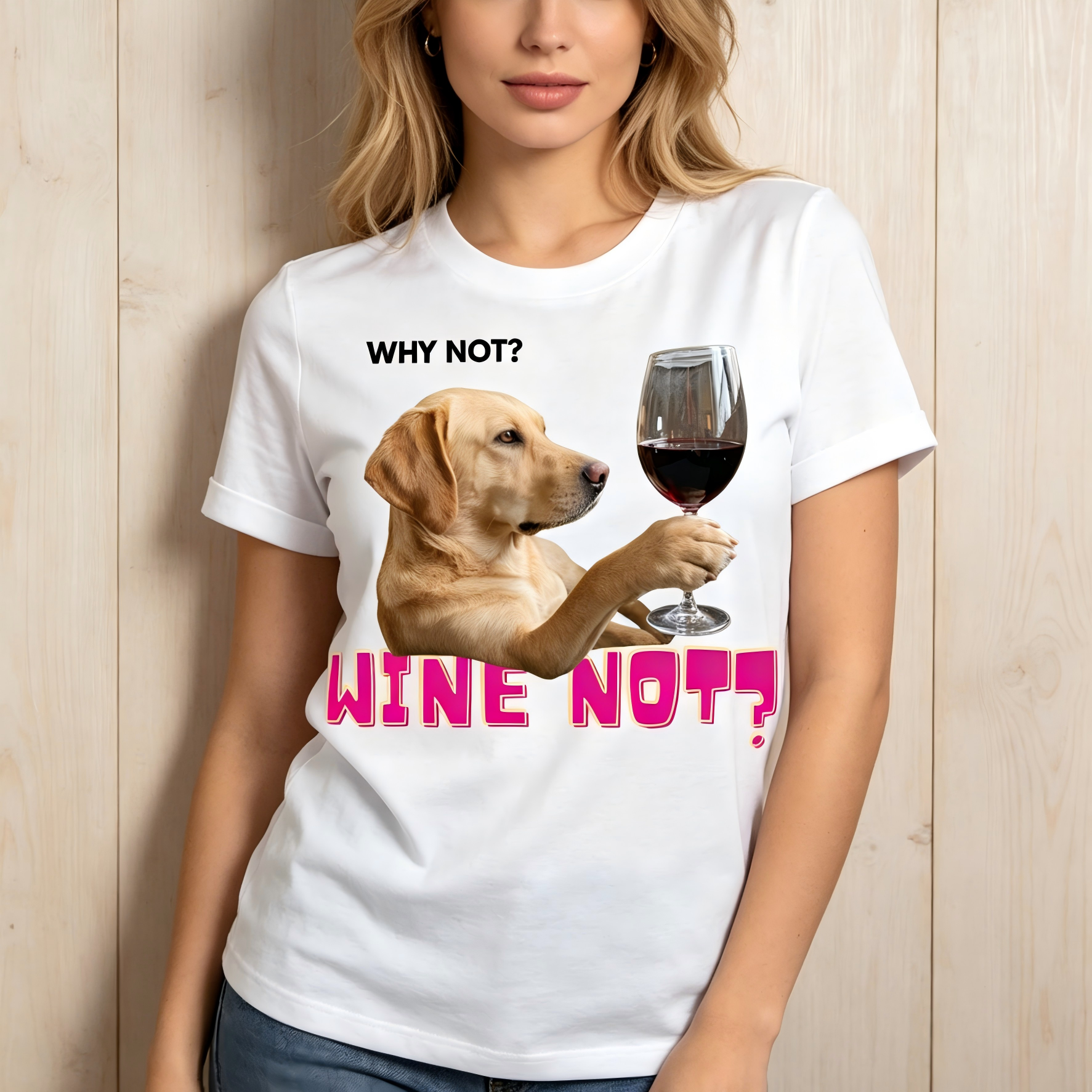 "Wine Not?" Funny Labrador Dog Graphic T-Shirt for Women