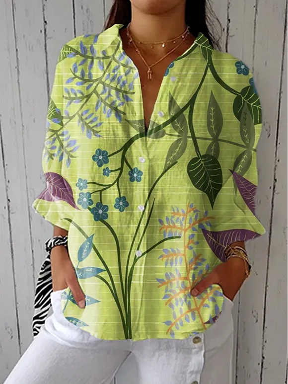 Women's Vintage Flower Art Print Casual Linen V-neck Shirt