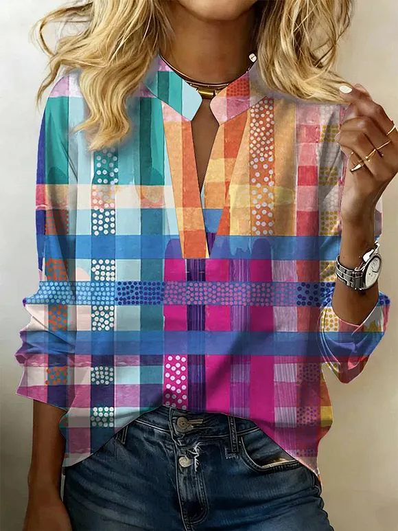Women's Plaid Print V-neck Casual Cotton Shirt