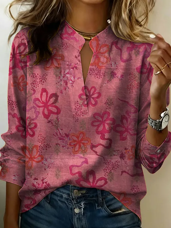 Women's Flowers Gradient Pattern Art Print Casual Cotton Linen Shirt