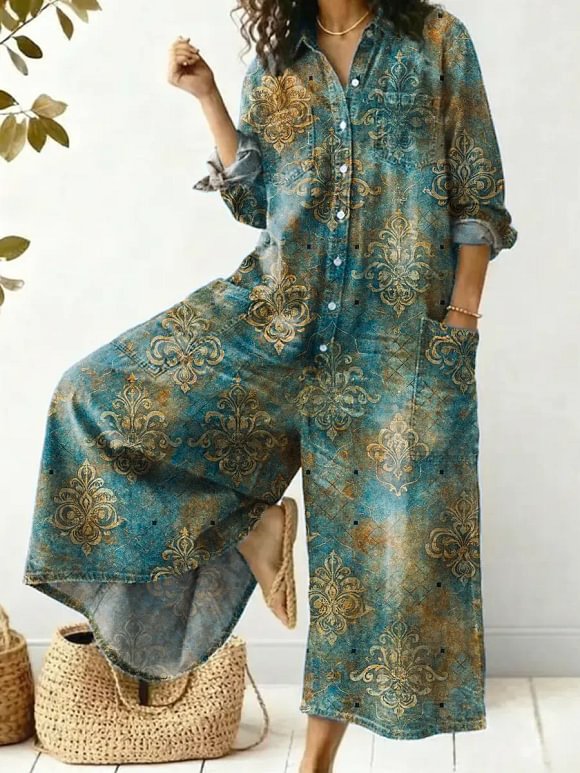 Women's Vintage Pattern Art Print Casual Cotton Jumpsuit