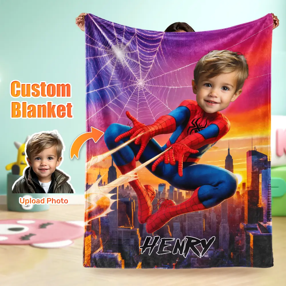 Custom Face Blanket Thread Glide Runner Weaves Through the City Skyline Birthday Children's Day Gift For Boy
