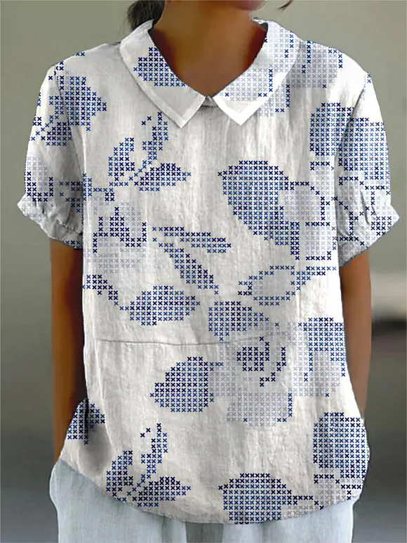 Women's Abstract Floral Pattern Art Print Casual Cotton And Linen Shirt