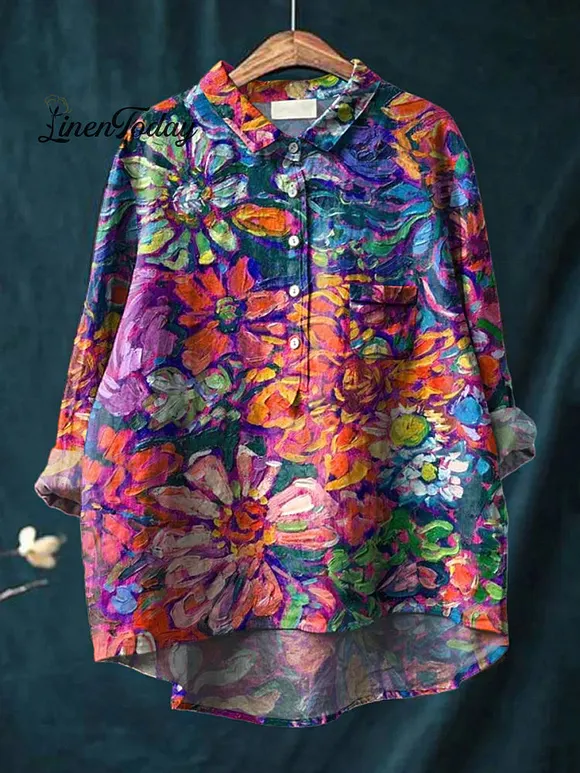 Oil Painting Gerbera Floral Art Printed Women's Casual Cotton And Linen Shirt