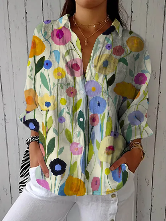 Women's Vintage Lovely Floral Art Print Casual Cotton Linen V-neck Shirt