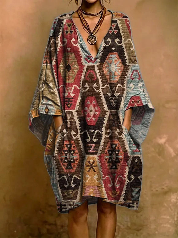 Vintage Exotic Geometric Decorative Patterns V Collar Cotton Linen Dress