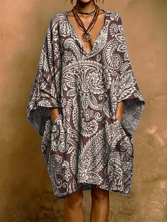 Retro Paisley Decorative Pattern Woman‘s Short Sleeve Cotton Linen Dress