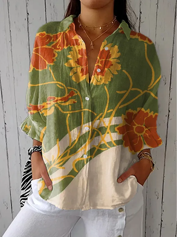 Women's Vintage Flower Art Print Casual Linen V-neck Shirt