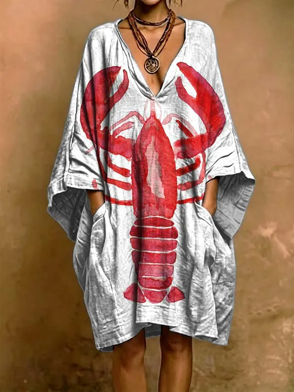 Lobster Decorative Pattern Woman's Short Sleeve Cotton And Linen Dress