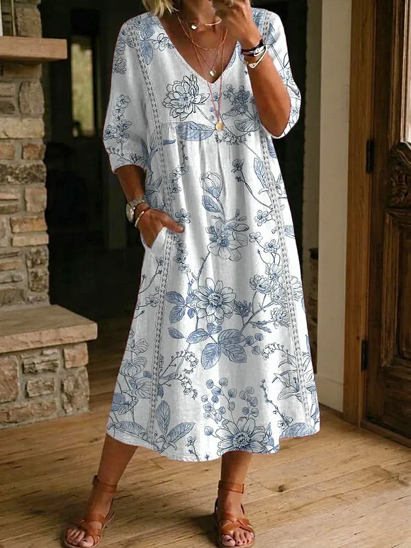 Women's Flower Print Casual Loose-fit Cotton-linen Dress With Lace Trim And Paneling