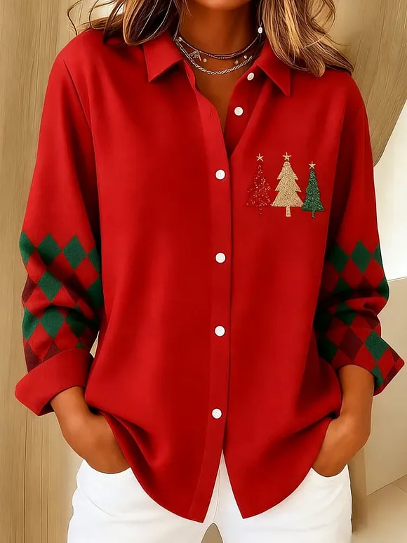 Women's Christmas Print Casual Lapel Shirt