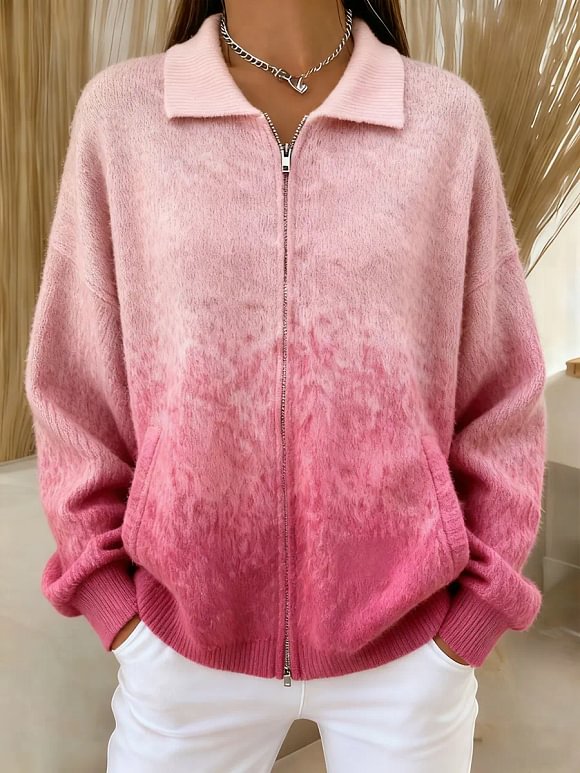 Women's Comfortable Gradient Color Zipper Cardigan Sweater