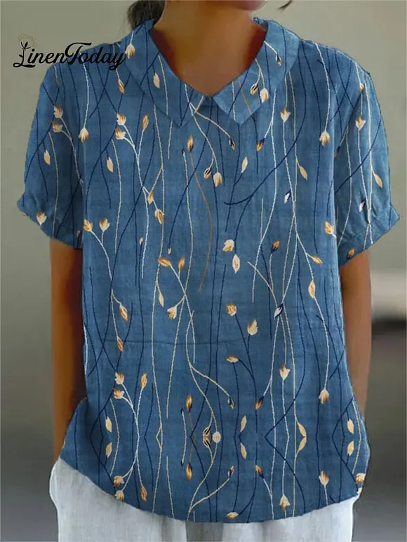 Women's  Flower Art Print Casual Cotton And Linen Shirt