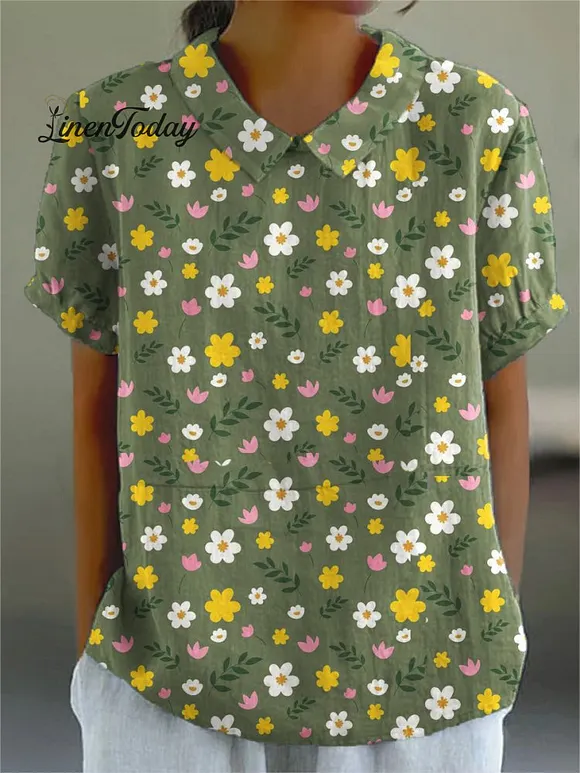 Women's   Flower Art Print Casual Cotton And Linen Shirt