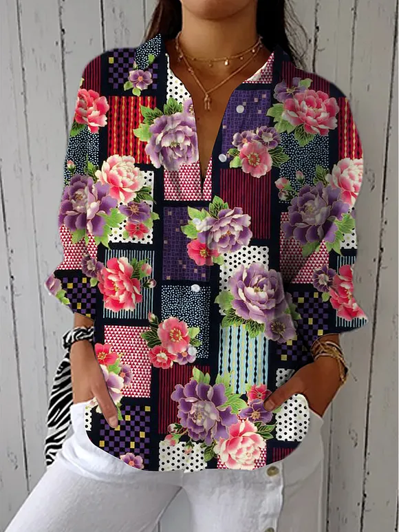 Women's Vintage Floral Art Print Casual Cotton Linen V-neck Shirt