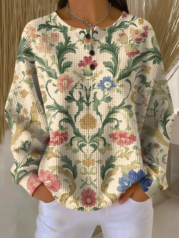 Women's Simple Retro Flowers Floral Pattern Art Print Casual Cotton Shirt