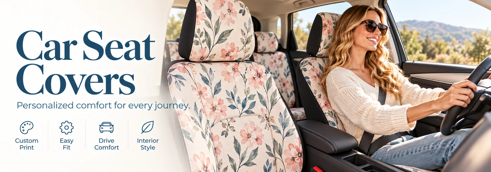 Custom car seat covers banner with floral printed seat covers inside a bright vehicle interior
