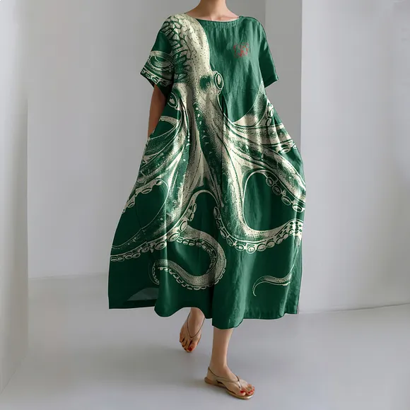Vintage Japanese Art Octopus Print Casual Midi Dress