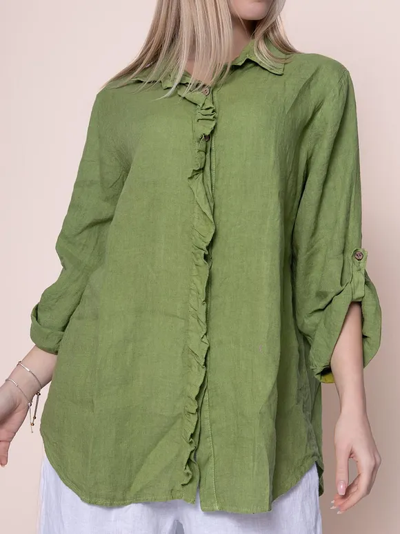Women's Solid Color Ruffle Shirt Casual Cotton Shirt