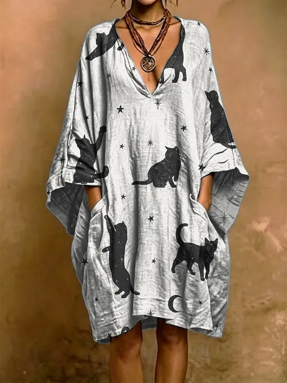 Cute Black Cat Decorative Pattern Woman's Short Sleeve Cotton And Linen Dress