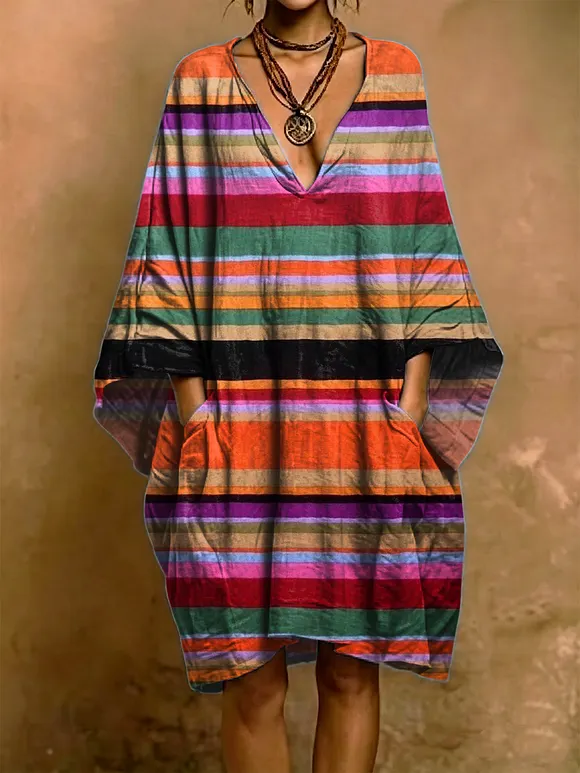 Colorful Horizontal Stripe Decorative Pattern Woman's Short Sleeve Cotton And Linen Dress