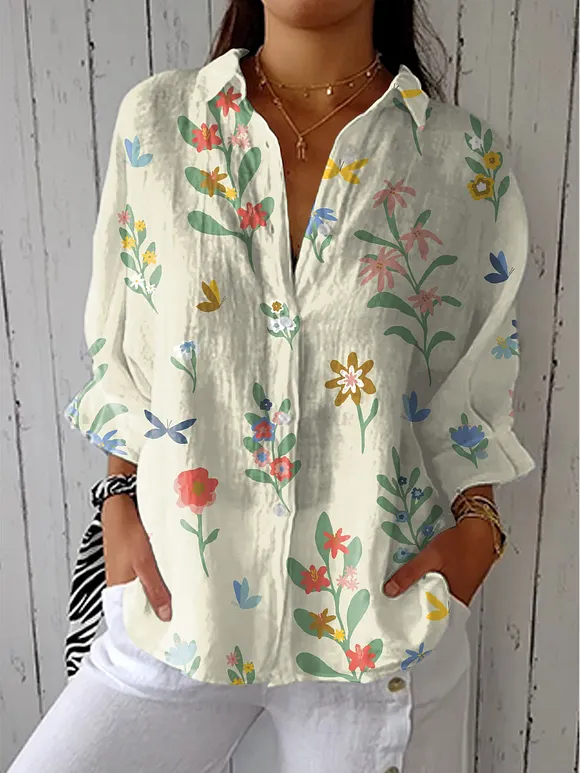 Women's Vintage Floral Art Print Casual Linen V-neck Shirt