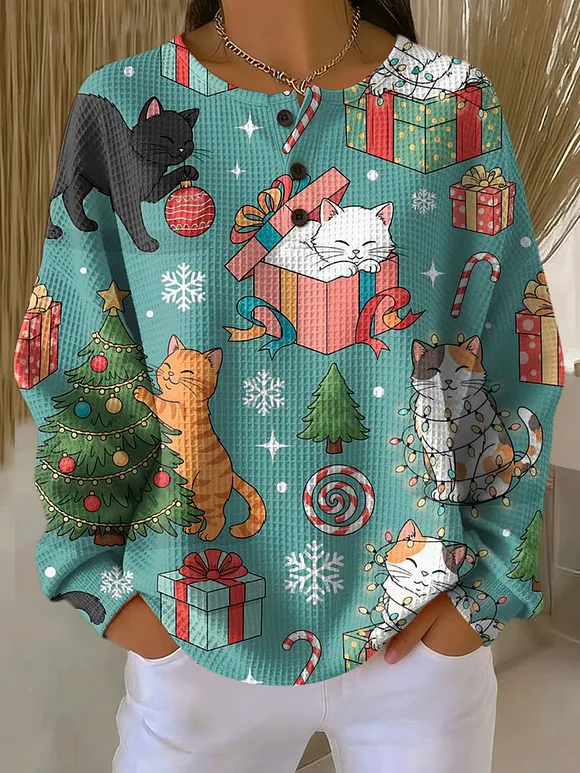 Women's Christmas Cute Animal Cat Pattern Art Print Casual Cotton Shirt