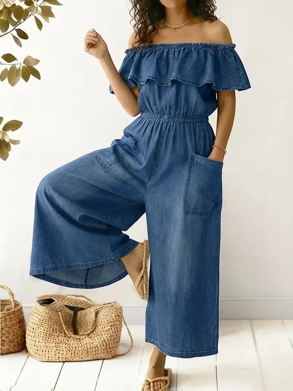 Women's Casual Off-the-shoulder Ruffled Denim Cotton Jumpsuit
