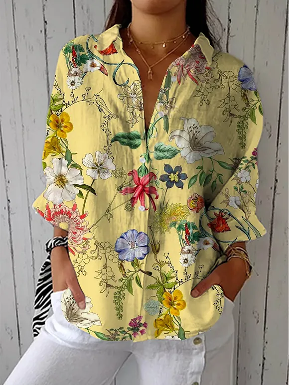 Women's Vintage Floral Art Print Casual Cotton Linen V-neck Shirt